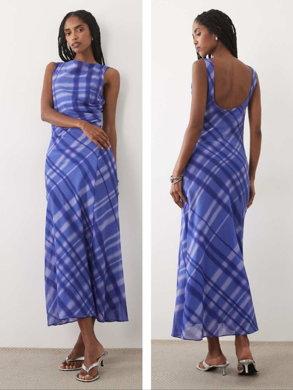 Mango boat neck short sleeve maxi Midi dress in blue plaid Size 12